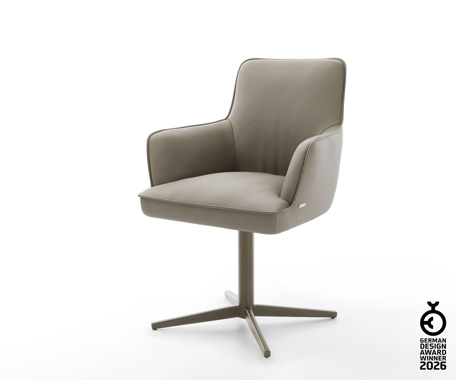 Chaise-pivotante Heira-Flex avec accoudoirs cuir de vache couleur boue pied de chaise 4 branches aspect titane pivotement sur 360° ressorts ensachés